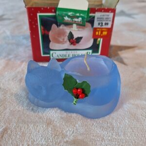 Vintage Christmas Frosted Glass Sleeping Cat Tealight Candle Holder